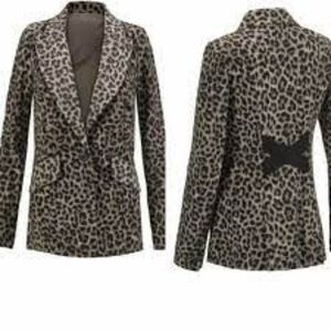 CAbi 3373 Jungle Leopard Print Single Breasted Blazer Black Taupe Ponte Knit 0